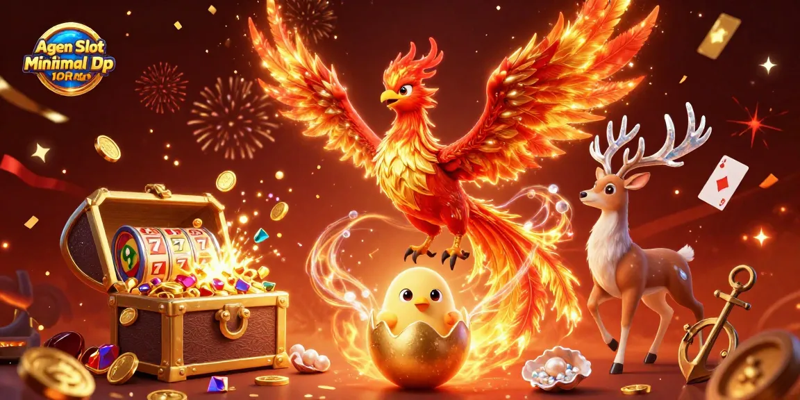 Agen Slot Minimal Dp 10Rb captures dynamic casino excitement with a phoenix and gaming elements.