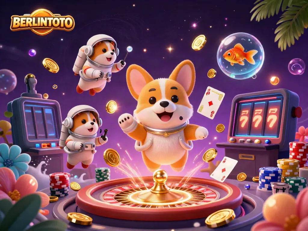 Winning big at BERLINTOTO with a 3D cartoon astronaut corgi and friends floating in a colorful casino space