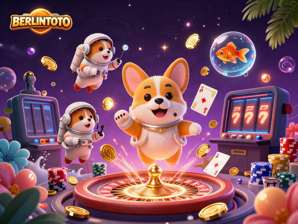 Winning big at BERLINTOTO with a 3D cartoon astronaut corgi and friends floating in a colorful casino space