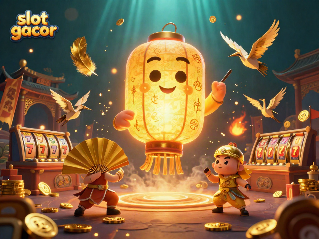 Menangkan jackpot dengan slot gacor yang berfungsi di kasino malam, dikelilingi simbol keberuntungan.
