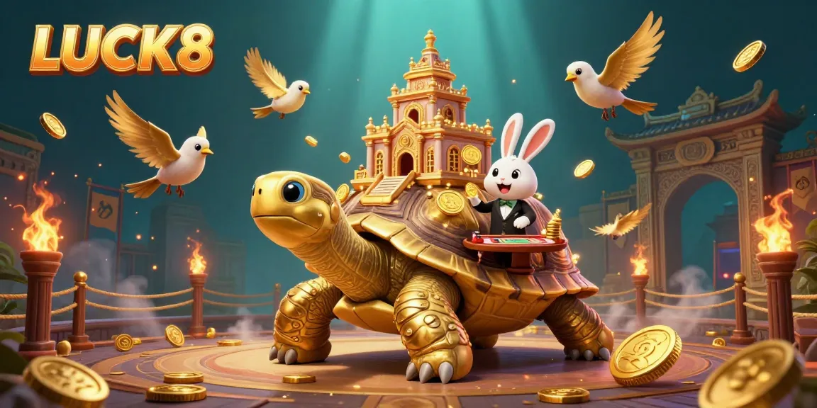 Experience the vibrant world of LUCK8 with golden tortoise casino and rabbit dealer in a dynamic scene.