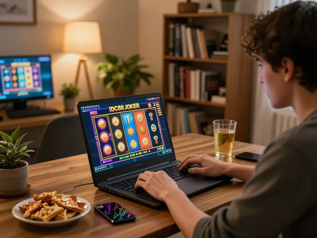 Engaging player using IDC88JOKER for exciting online slot gaming in a cozy home environment