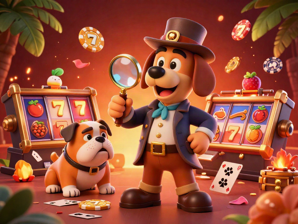 Permainan menarik di AMANAHTOTO dengan ilustrasi detektif kartun 3D yang mengeksplorasi chip poker emas.