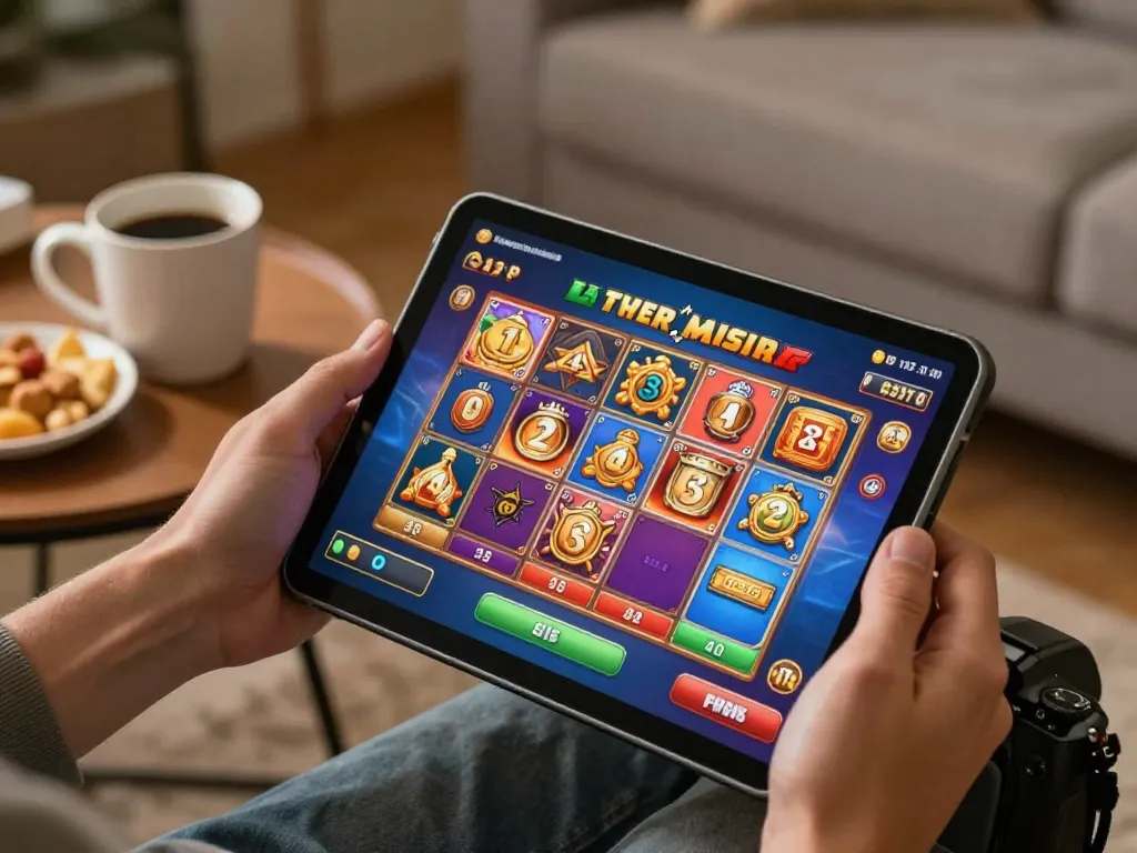 Engaging gameplay on OKESLOT slots from a tablet in a cozy home setting