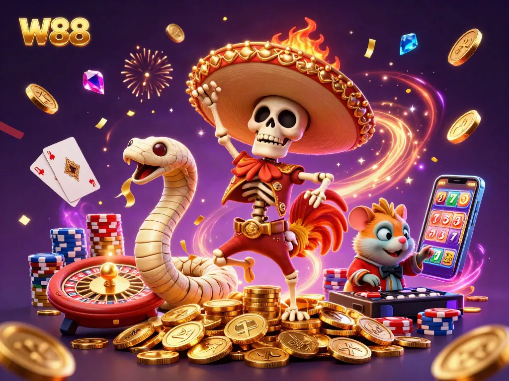 W88 celebration scene featuring a mariachi rooster dancing on coins with vibrant casino elements