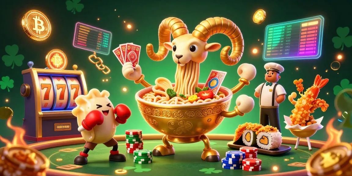 Situs toto showcases thrilling slot action with a unique ramen bowl character and vibrant casino elements.