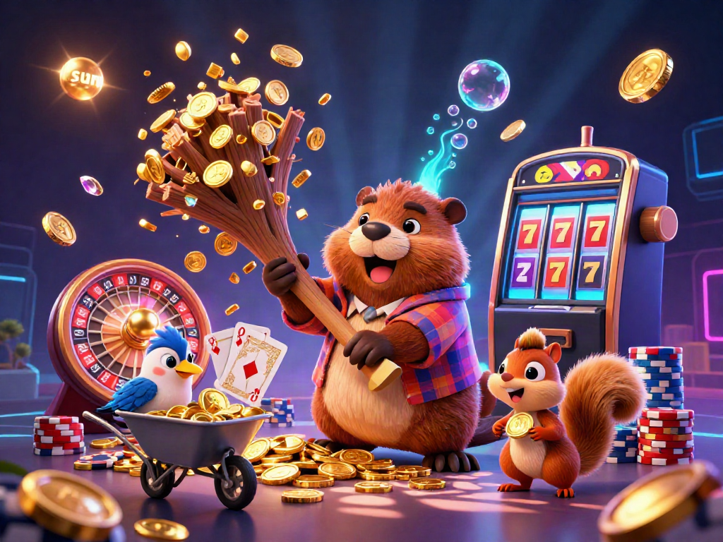 Win big at this vibrant casino scene where a beaver collects golden coins, embodying the thrill of sun-themed gaming action.