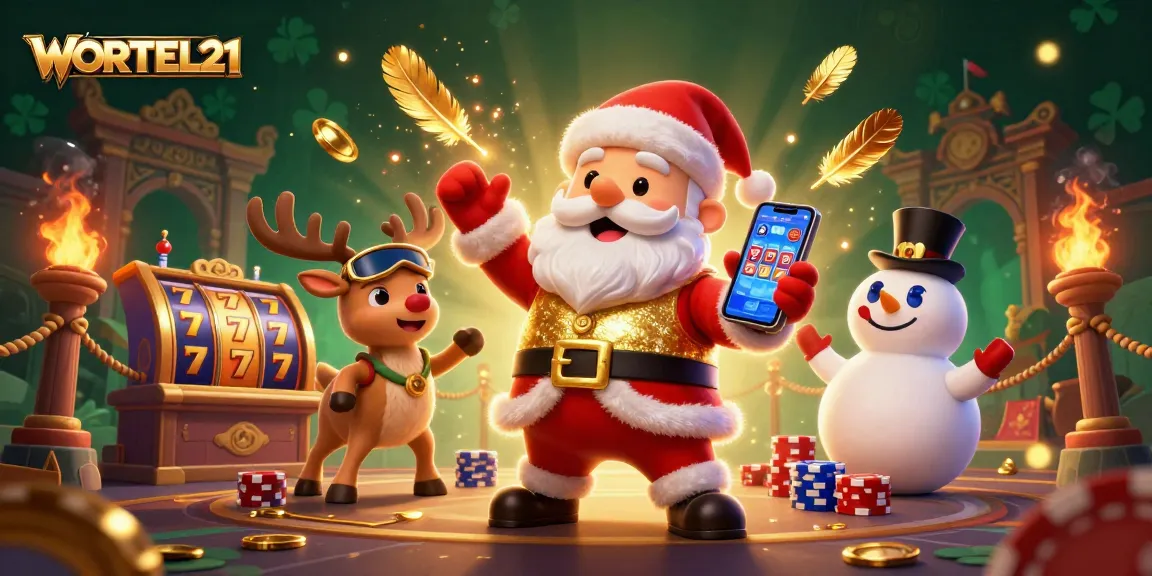 WORTEL21 showcases a festive scene with Santa Claus enjoying jackpot slots, surrounded by fun casino elements.