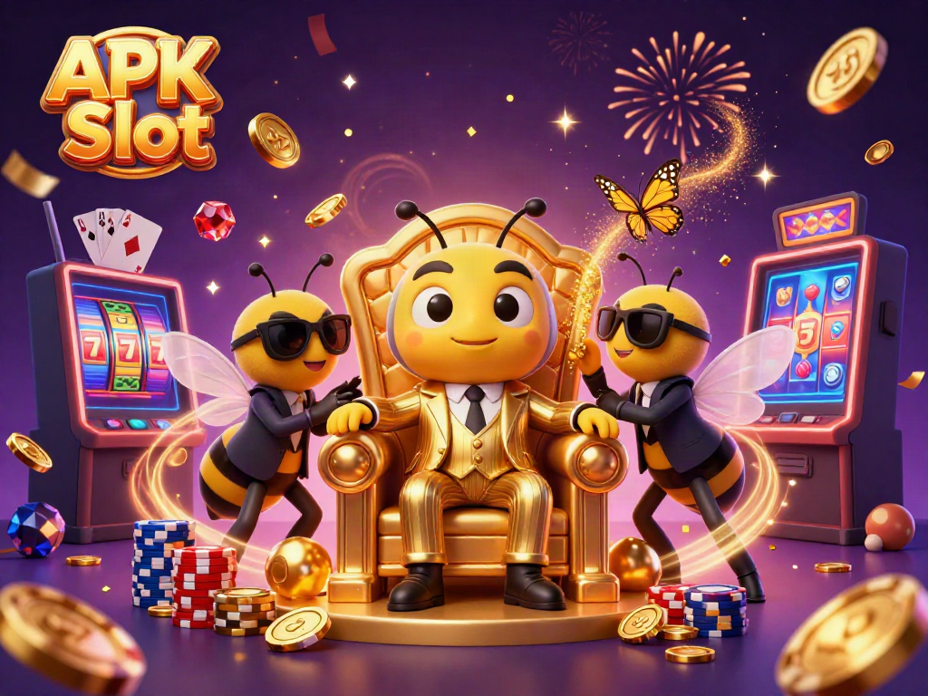 Spin the reels with APK Slot as a bumblebee mob boss surrounded by casino riches and action.