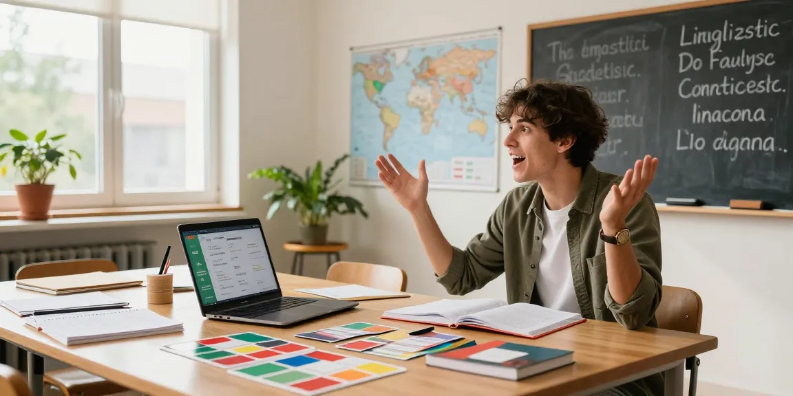 An enthusiastic student studying Italian in a vibrant classroom setting, exploring cultural artifacts and engaging with the language through interactive materials and flashcards. Learn about toto toge