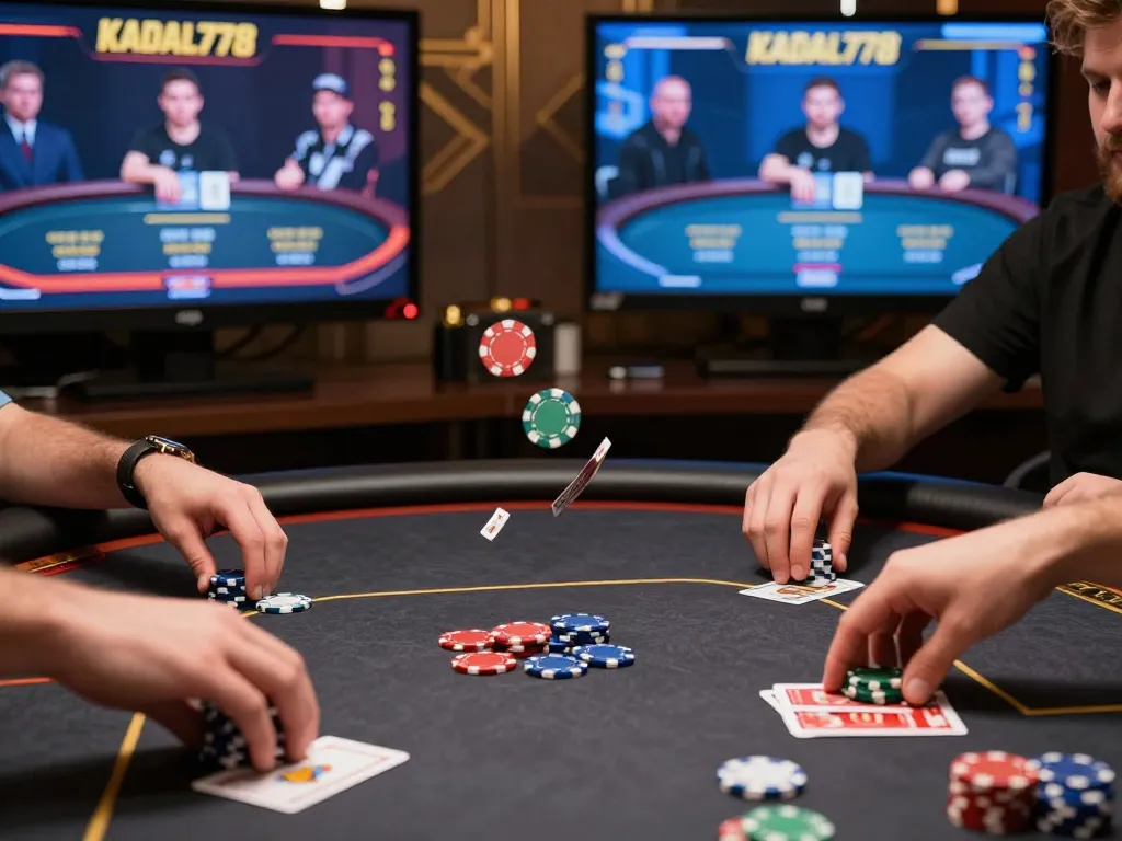 KADAL778 online poker players engaging in strategic gameplay with vibrant chips in action.