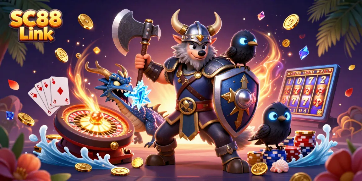 Engage in thrilling gameplay with SC88 Link featuring a Viking warrior, dragon, and casino elements.