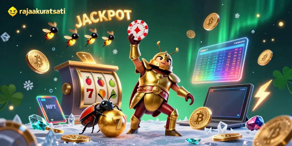 Menangkan jackpot di RAJAAKURAT dengan ilustrasi menarik karakter bersenjatakan poker chip dan simbol slot.