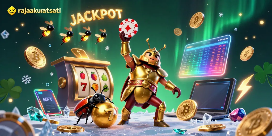 Menangkan jackpot di RAJAAKURAT dengan ilustrasi menarik karakter bersenjatakan poker chip dan simbol slot.