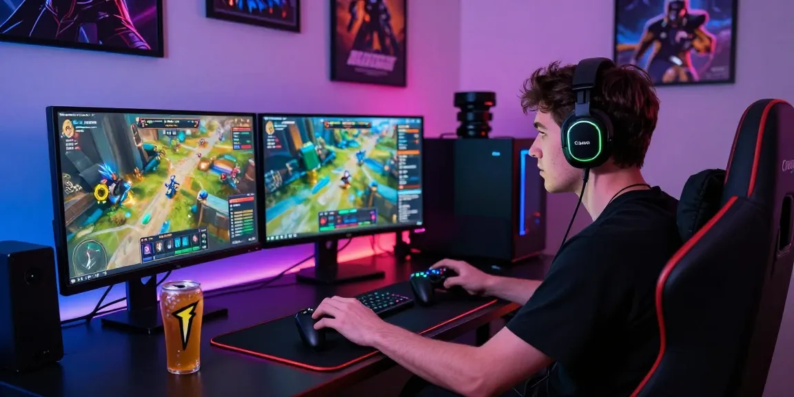 Link slot gaming scene with an engaged player, multiple monitors, and vibrant RGB lights.