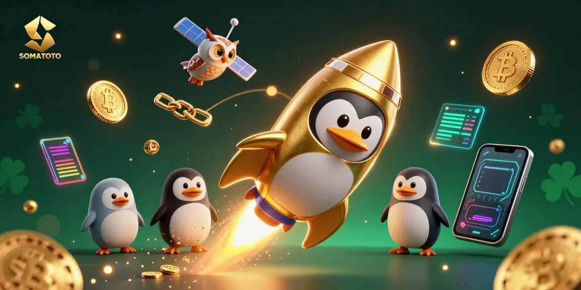 SOMATOTO branded penguin launches into a crypto casino galaxy, trailing golden coins.
