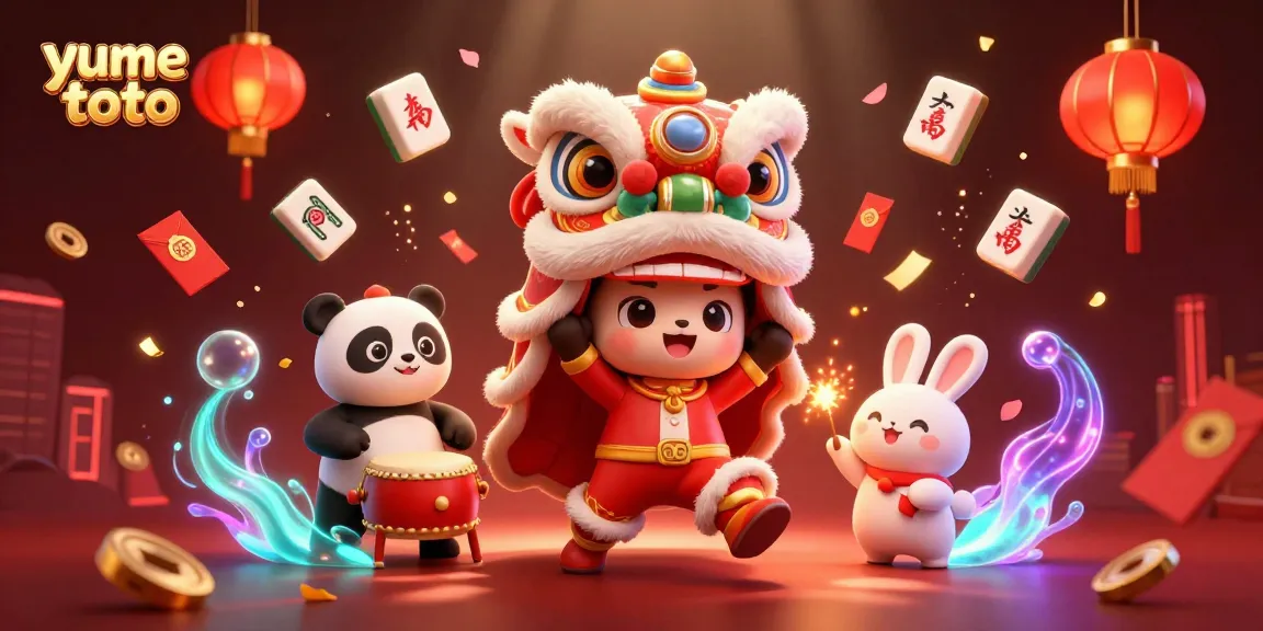 Experience the vibrant energy of yume toto through a festive 3D illustration featuring a lively lion dance alongside symbols of luck and fortune.