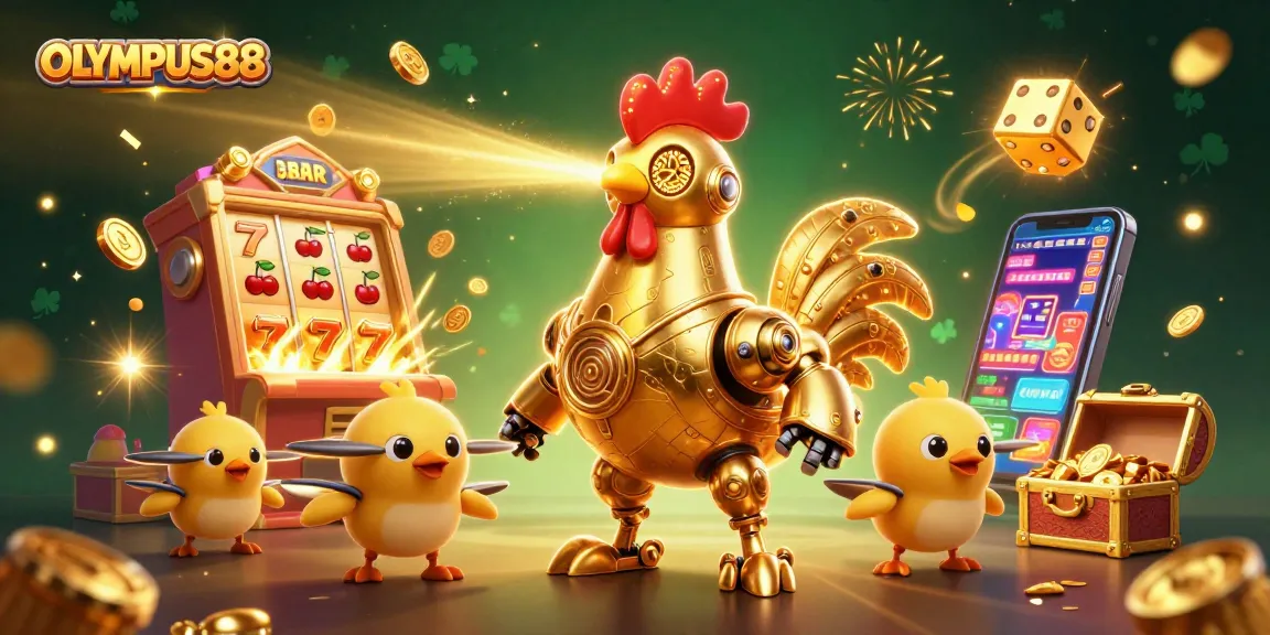 OLYMPUS88 menampilkan ilustrasi 3D kasino yang dinamis dengan mesin slot jackpot meledak dan robot ayam futuristik.