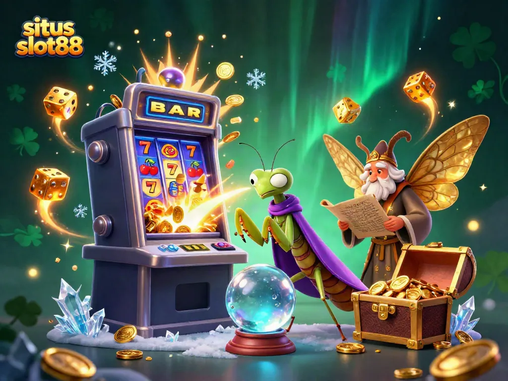 Experience the magic of situs slot88 with a captivating 3D illustration featuring vibrant casino elements and characters.