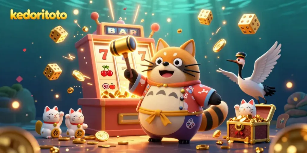 Play and win at kediritoto in a vibrant scene featuring lucky tanuki and fortune cats amid slot jackpots.