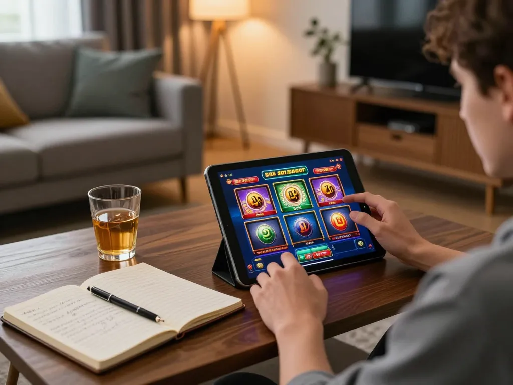 Pemain menikmati situs slot gacor di tablet di suasana rumah yang nyaman, menekankan permainan yang bertanggung jawab.