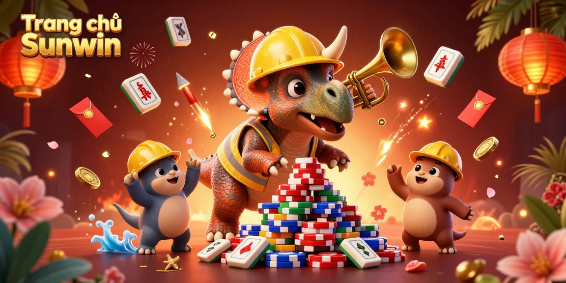 Engage with the vibrant world of Trang chủ Sunwin through a lively 3D casino illustration with characters celebrating.