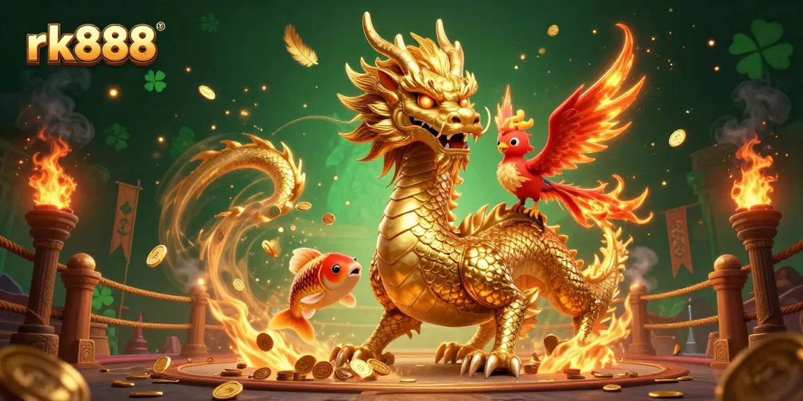 Engage in exciting games at rk888 with a golden dragon and lucky symbols in a vibrant casino scene.