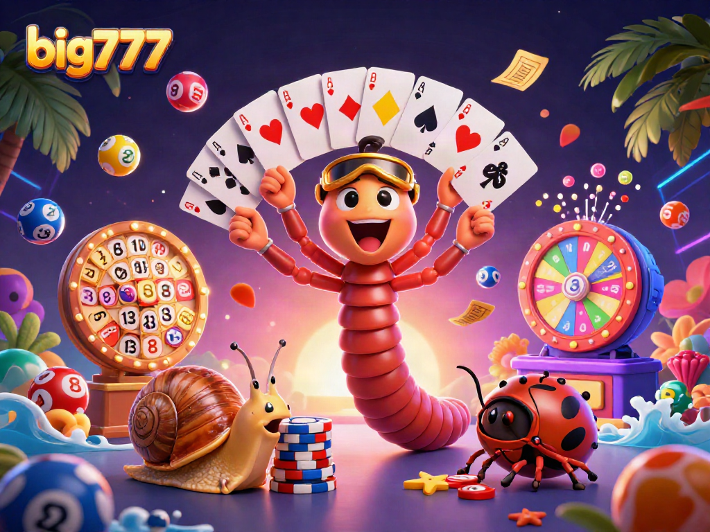 Menggandakan kemenangan di big777 dengan dealer kartun 3D dan bola lotere berwarna cerah.
