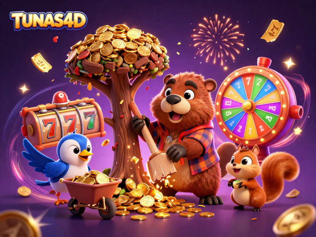 TUNAS4D celebrates gameplay with cartoon characters collecting coins in a vibrant gaming scene.