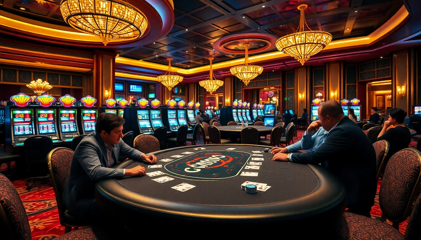 Players engaged in a thrilling poker game at CM88 casino table, showcasing excitement and luxury.