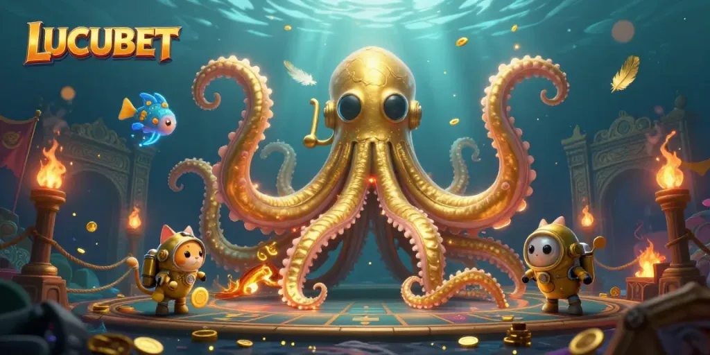 Engage with LUCUBET's dynamic gaming environment featuring a kraken and a diving cat.