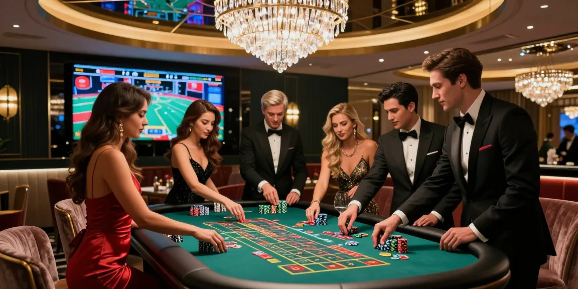 Link LUXURY777 dalam suasana kasino elegan, teman-teman bermain roulette dengan penuh gaya.