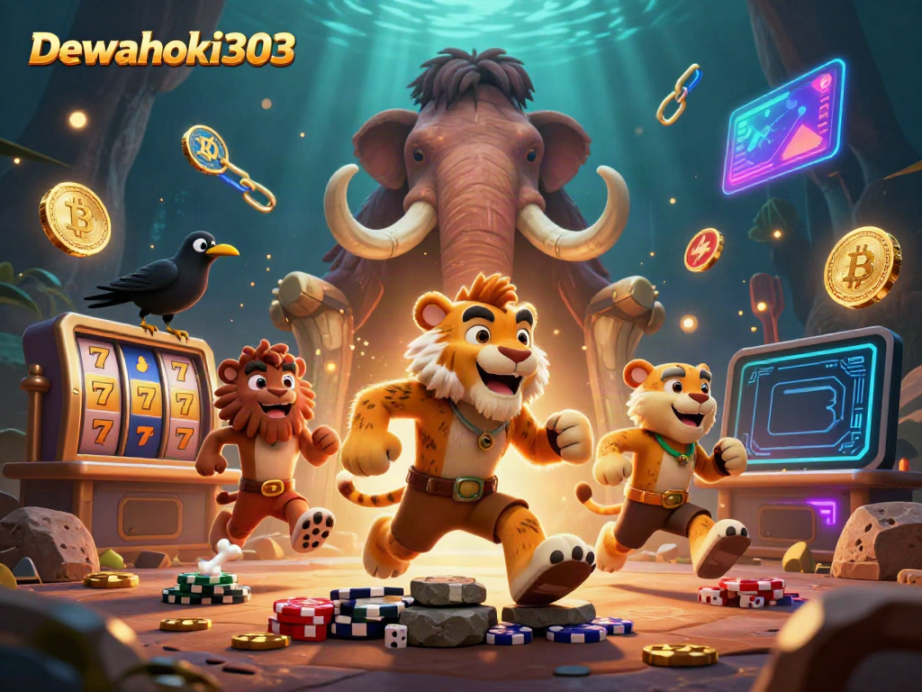 Dewahoki303 menyajikan pengalaman bermain slot online dengan ilustrasi kasino prasejarah yang dinamis dan penuh warna.