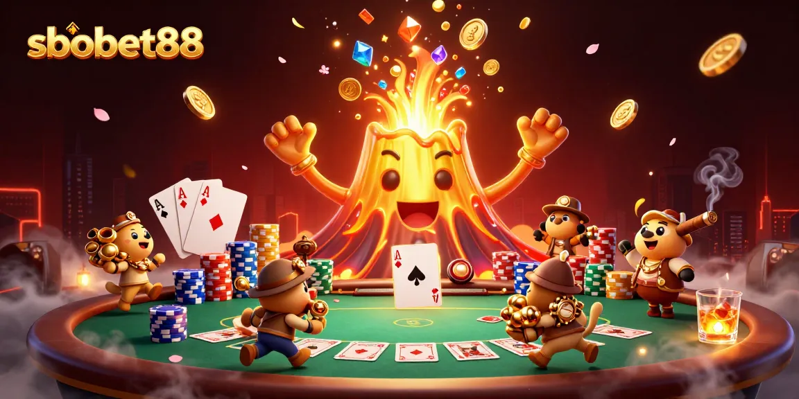 Sparkling sbobet88 volcano erupts coins amidst triumphant explorers and poker elements, capturing casino excitement.