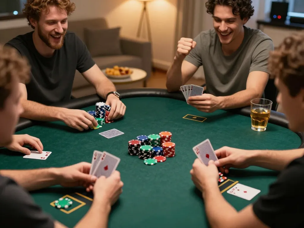 LIGALGO players celebrating victory at a lively home poker night, showcasing strategic card gameplay and vibrant chip stacks.