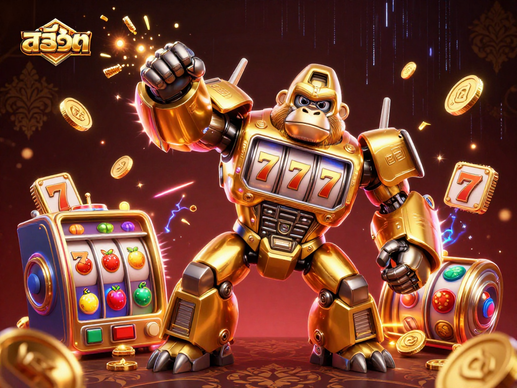 Spin and win with สล็อต in this exciting 3D casino scene featuring a golden gorilla mech.