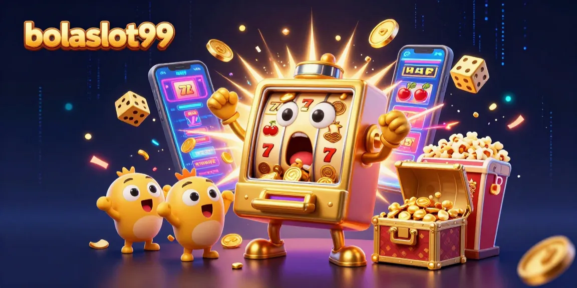 Bolaslot99 celebrates winning moments as characters cheer and coins burst from a slot machine.