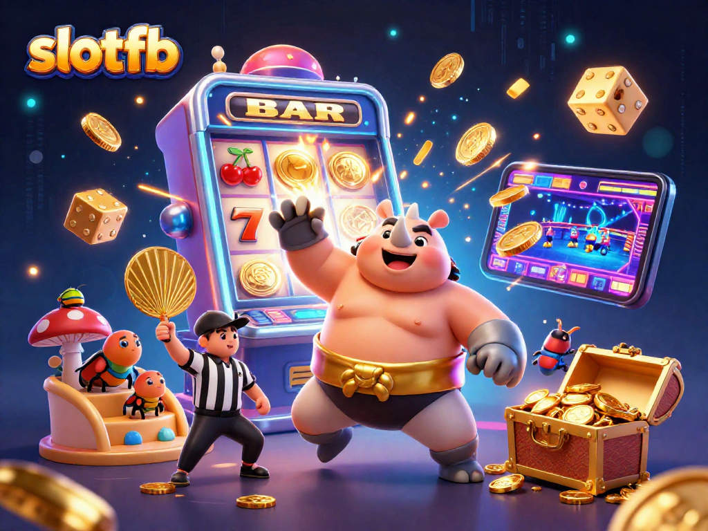 Watch the slotfb champion beetle celebrate a jackpot with coins, dice, and vibrant casino elements.