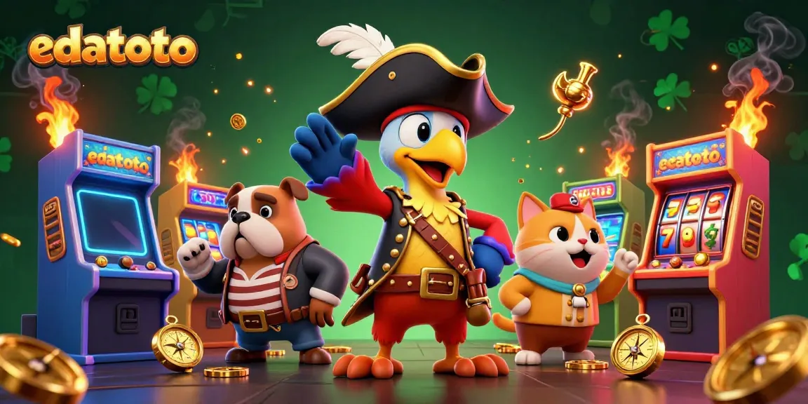 Menampilkan edatoto dalam ilustrasi kasino 3D dengan karakter kartun dan elemen permainan slot