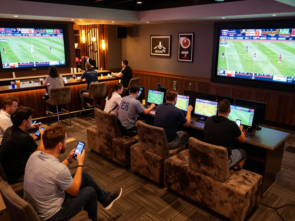 Fans engaging with keonhacai in a lively sports betting lounge while watching live games