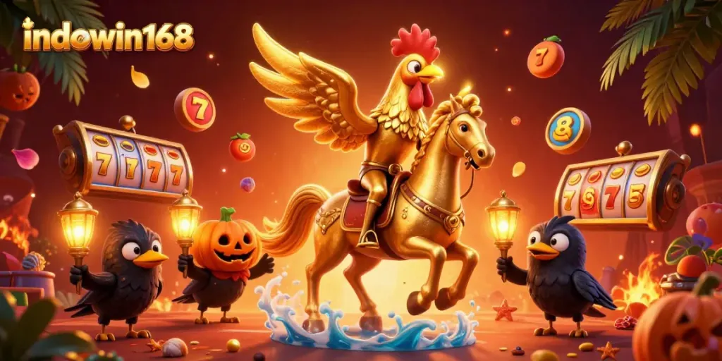 Engage with indowin168's thrilling casino experience featuring vibrant golden rooster and slot elements.