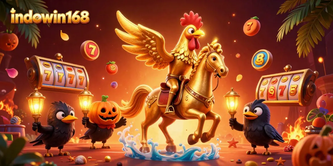 Engage with indowin168's thrilling casino experience featuring vibrant golden rooster and slot elements.