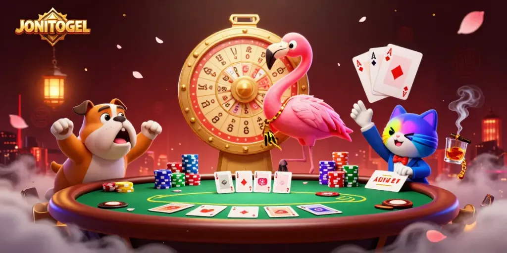 Experience thrilling gameplay at JONITOGEL with games and vibrant prizes in a colorful scene.