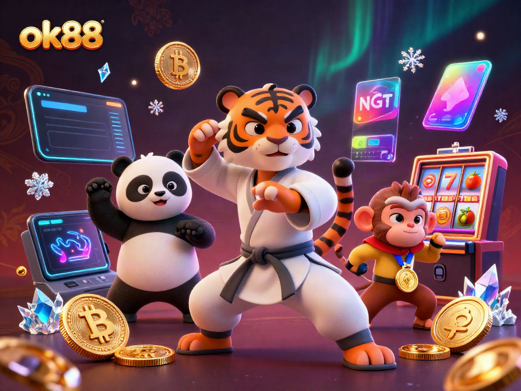 Experience the excitement of ok88 with a vibrant scene of a kung fu tiger master amidst slot games.