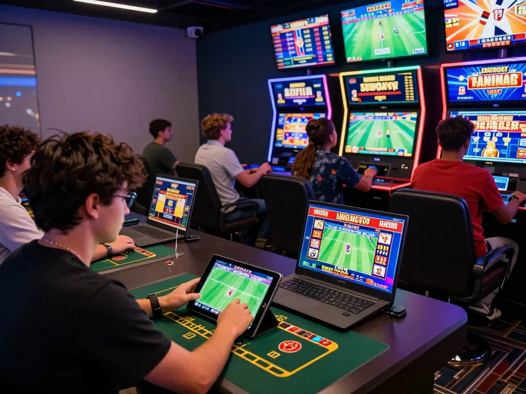 Exciting online gambling experience at RR99 with users betting on sports and live casino games, highlighting vibrant screens and lively atmosphere.
