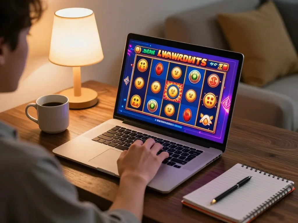 Agen Slot online gameplay interaction on a laptop at home, illustrating vibrant visuals and responsible betting.