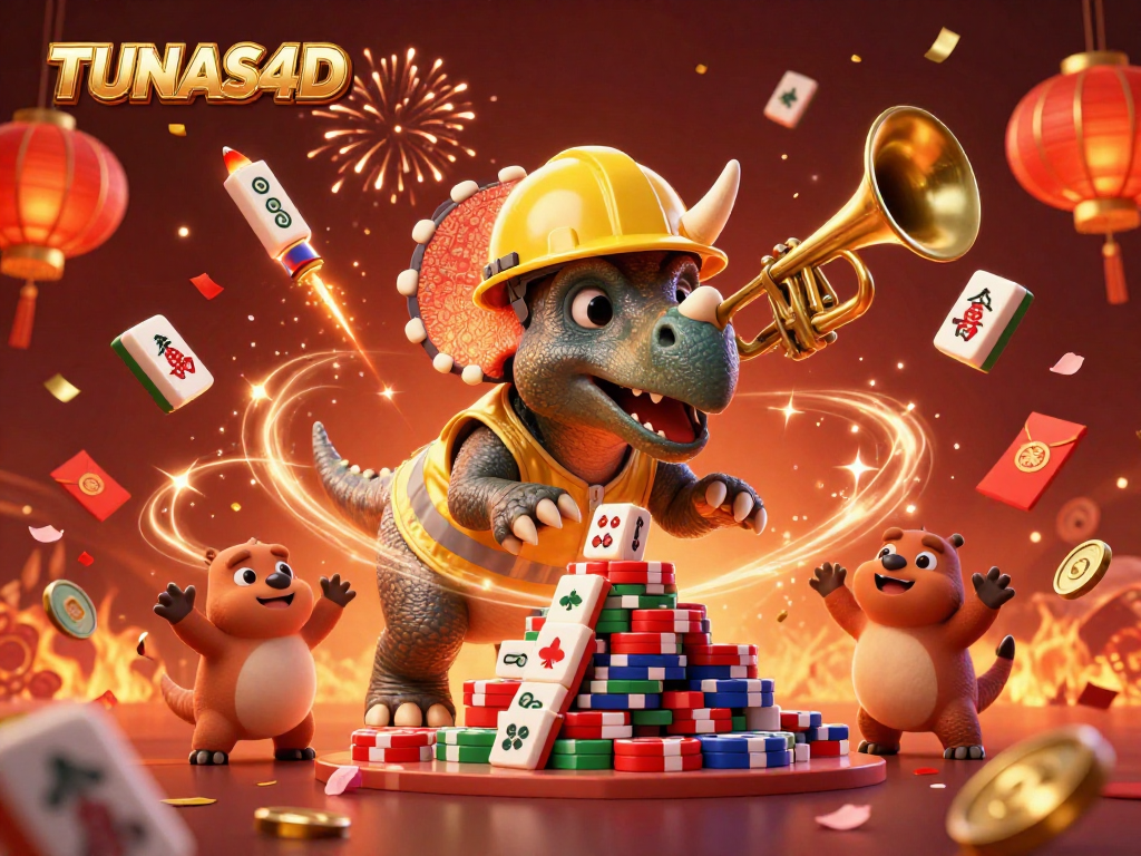 TUNAS4D celebrates with a triceratops and friends building poker chip pyramids amid festive gambling elements.