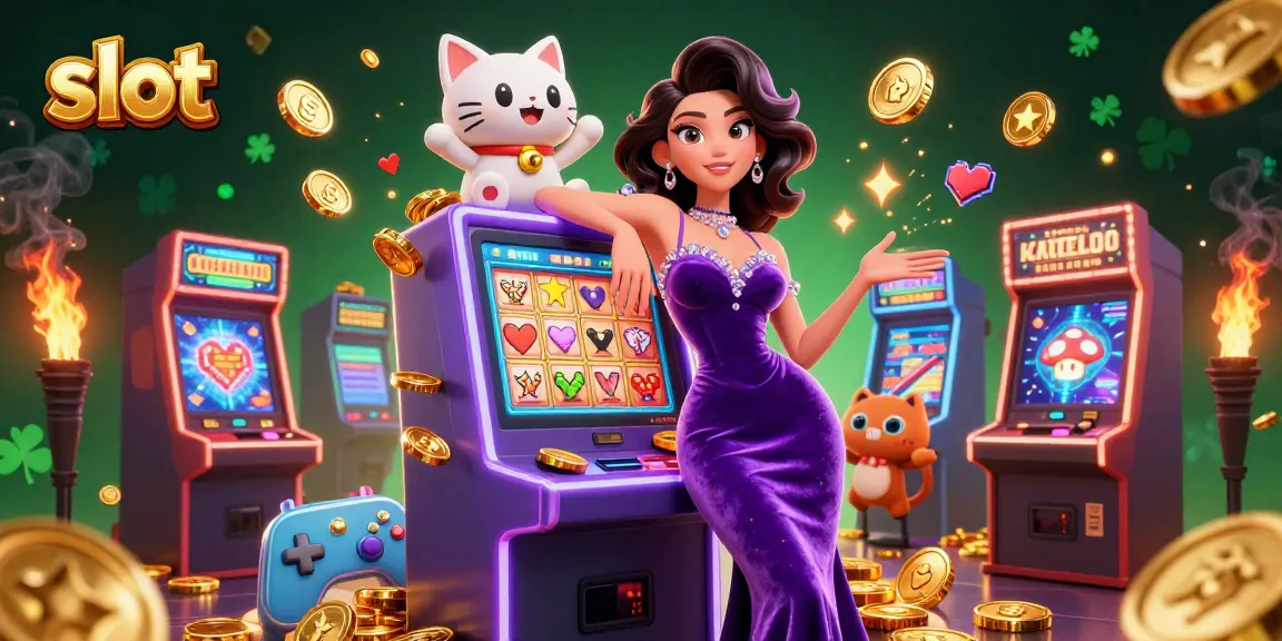 Spin the slot machine with jackpot winnings, featuring a glamorous woman and a waving fortune cat.