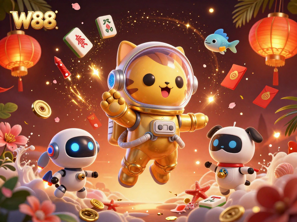 Experience thrilling gaming with W88, as you join the cosmic adventure of a golden-suited astronaut cat.