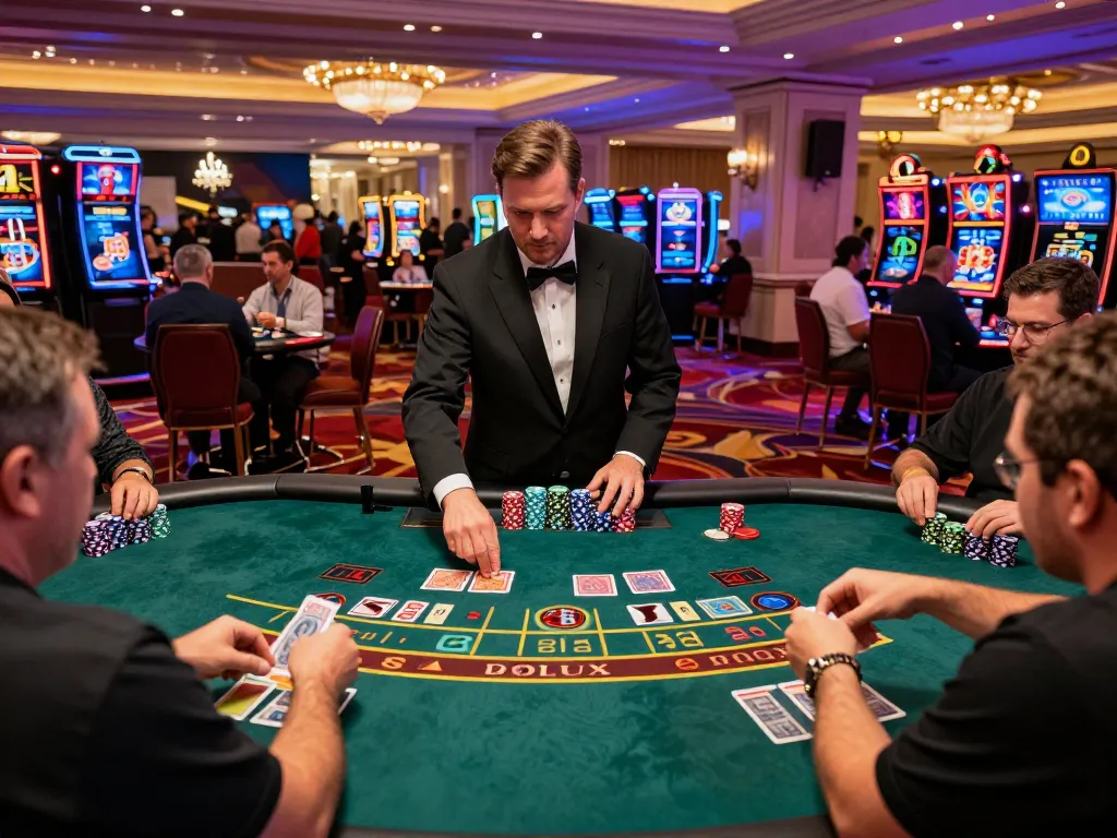 Players enjoying a thrilling game of blackjack at LGOLUX casino with vibrant decor and exciting atmosphere.